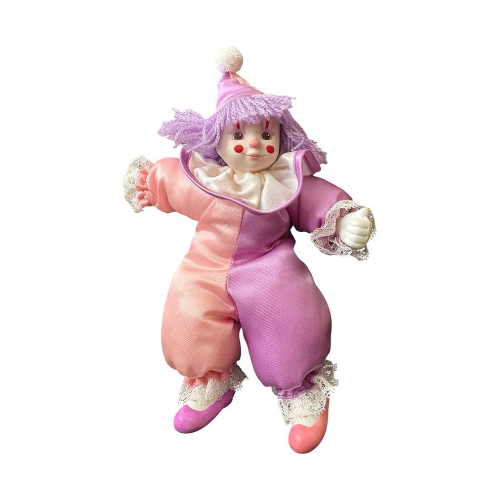 Vintage Russ Berrie Clown Doll 7.5" Pink Purple Yarn Hair Taiwan
